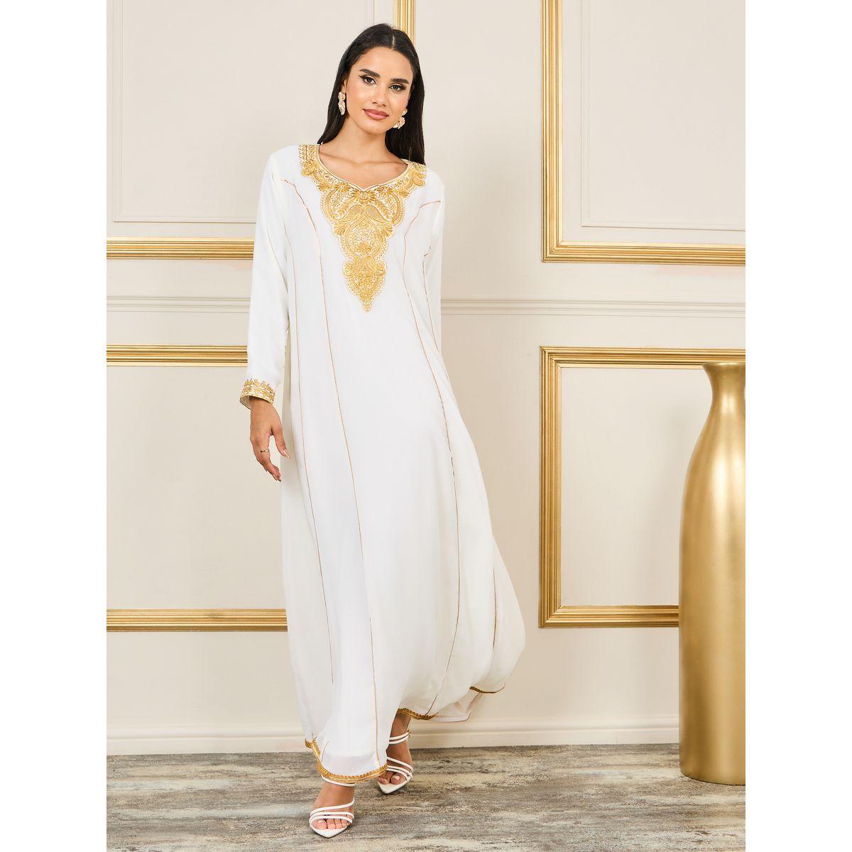 Styli Embroidered Neckline Piped Detail Jalabiya-women-arabicclothing-jalabiyas-image-1
