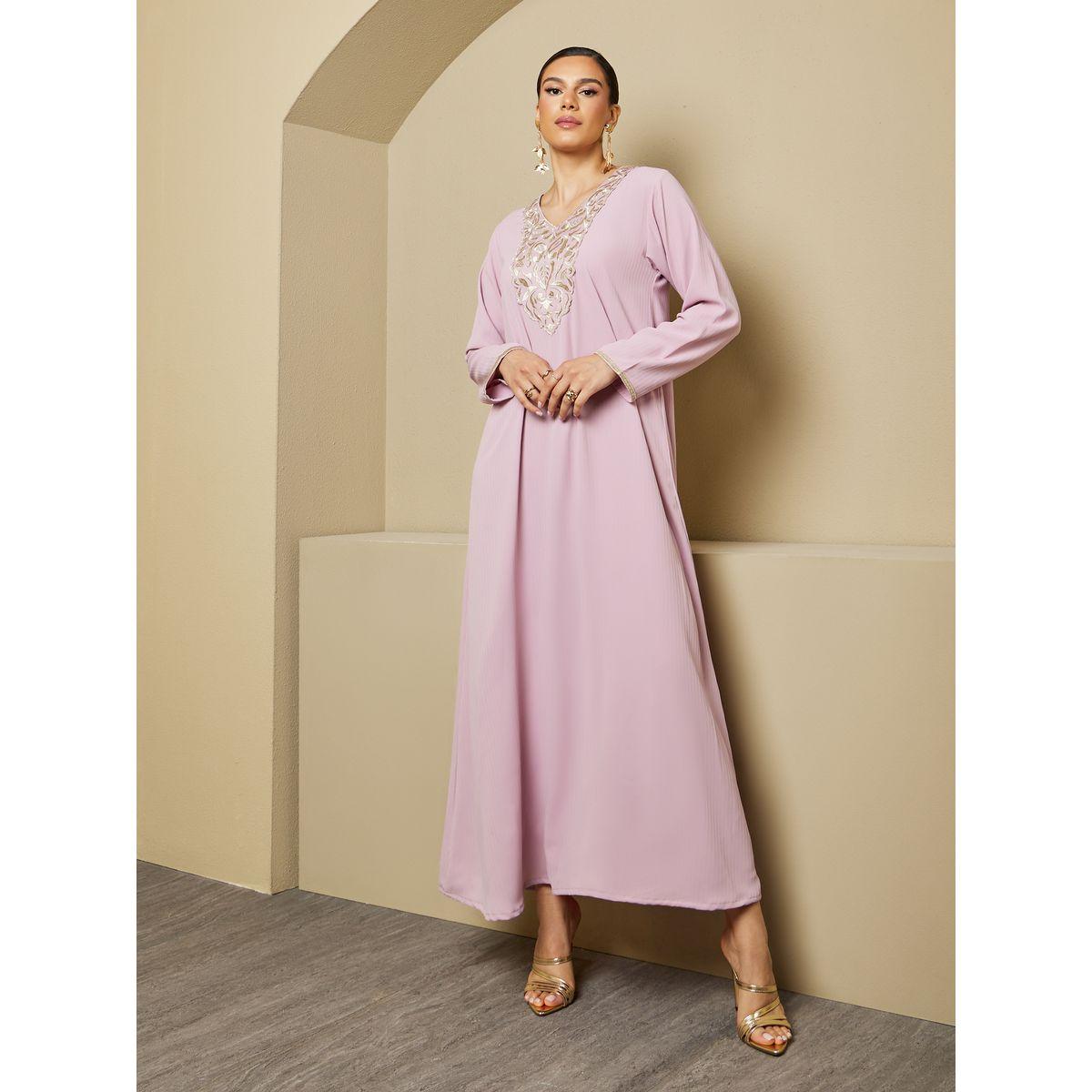 Embroidered V Neck A-Line Jalabiya-women-arabicclothing-jalabiyas-image-1