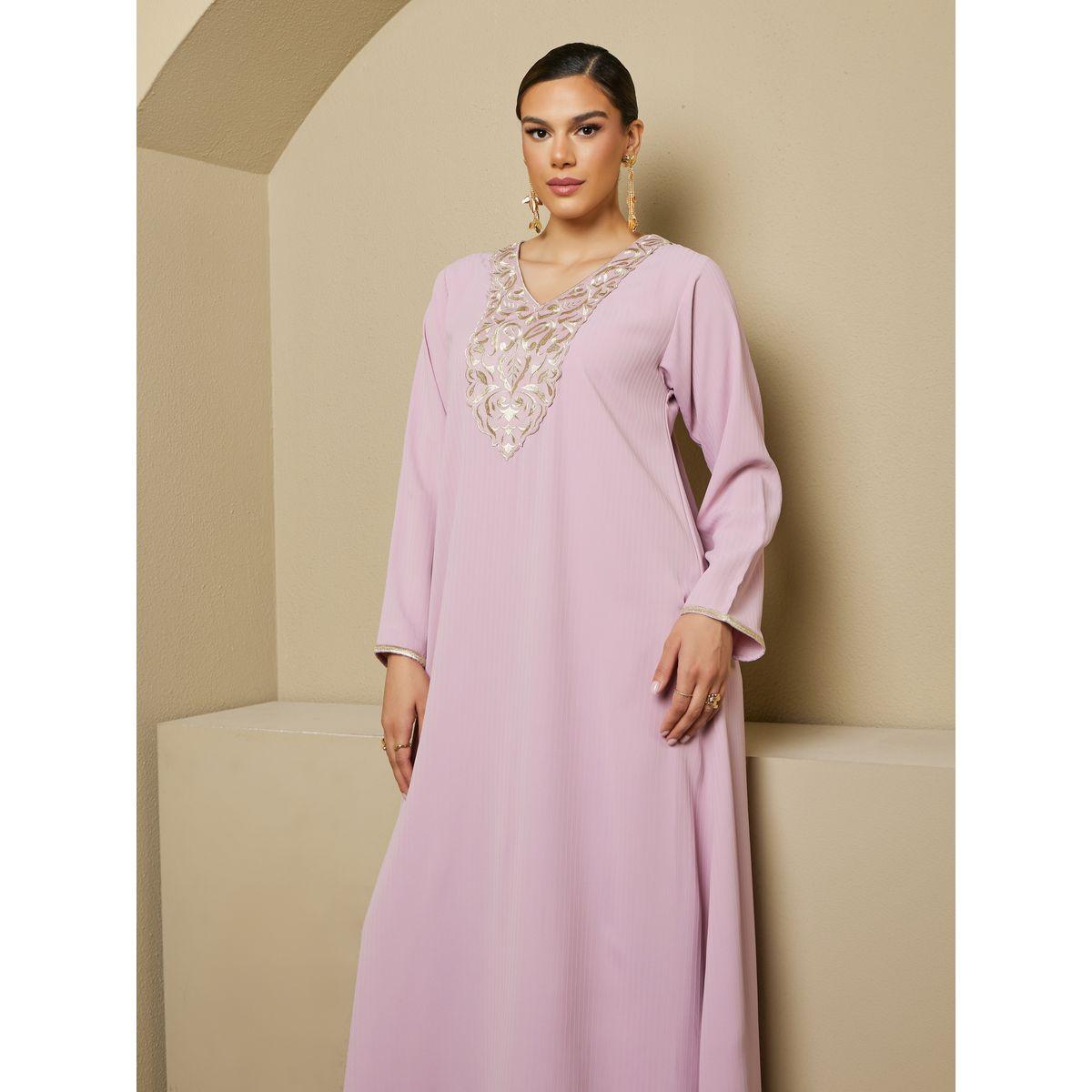 Embroidered V Neck A-Line Jalabiya-women-arabicclothing-jalabiyas-image-3