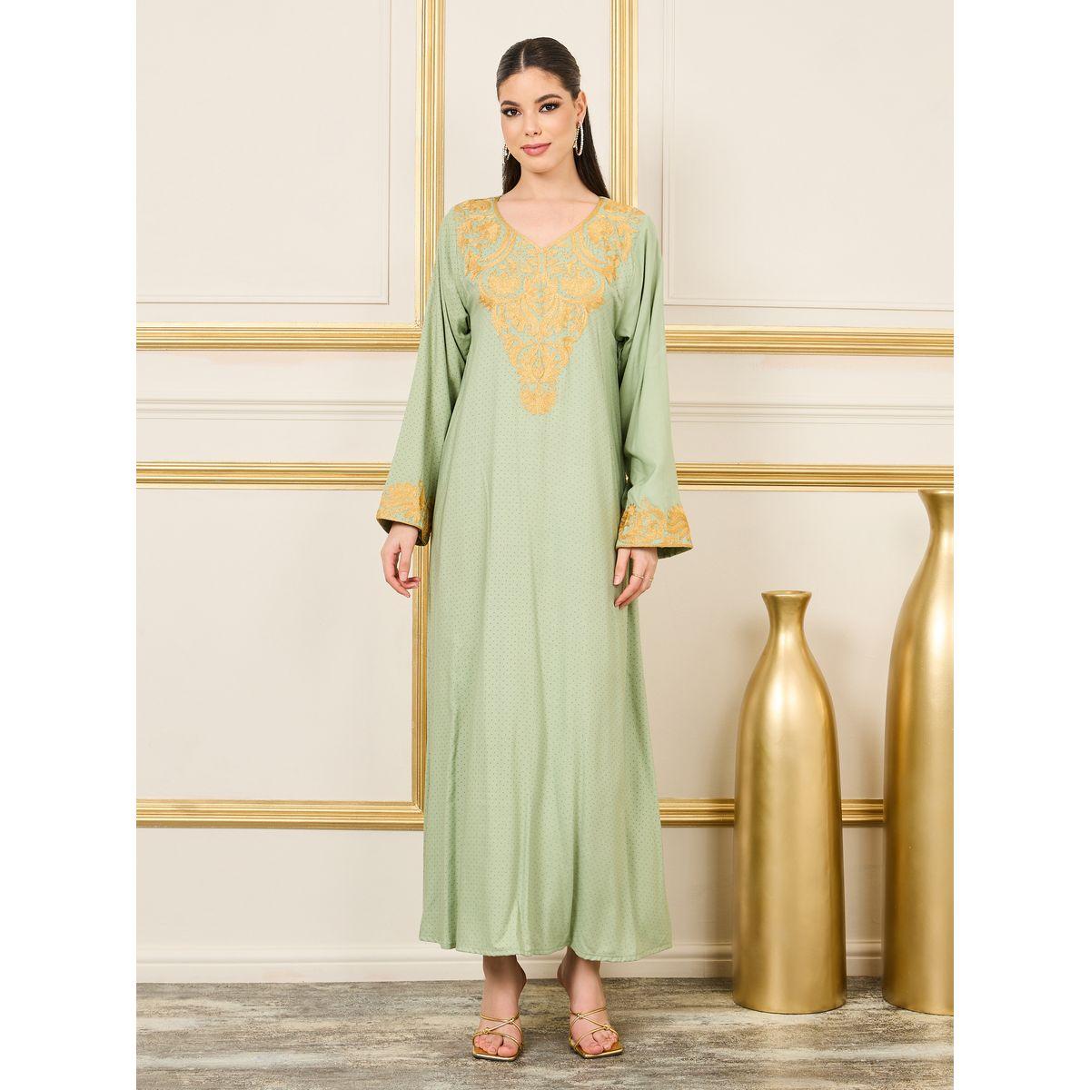 Styli Embroidered Neckline Spot AOP Jalabiya-women-arabicclothing-jalabiyas-image-1