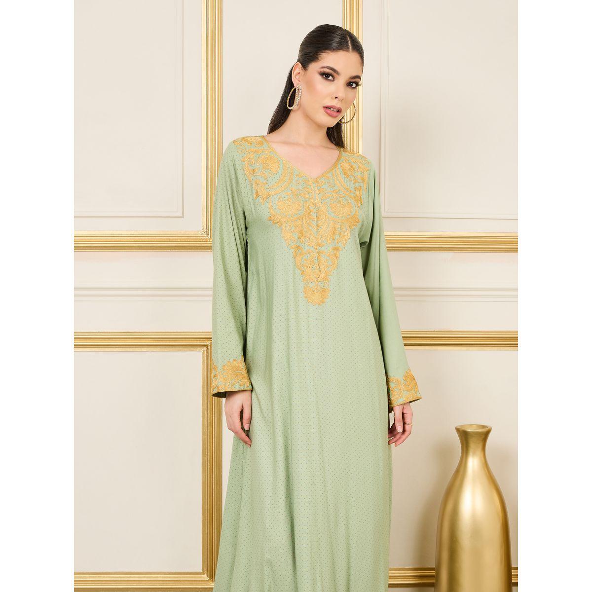 Styli Embroidered Neckline Spot AOP Jalabiya-women-arabicclothing-jalabiyas-image-2