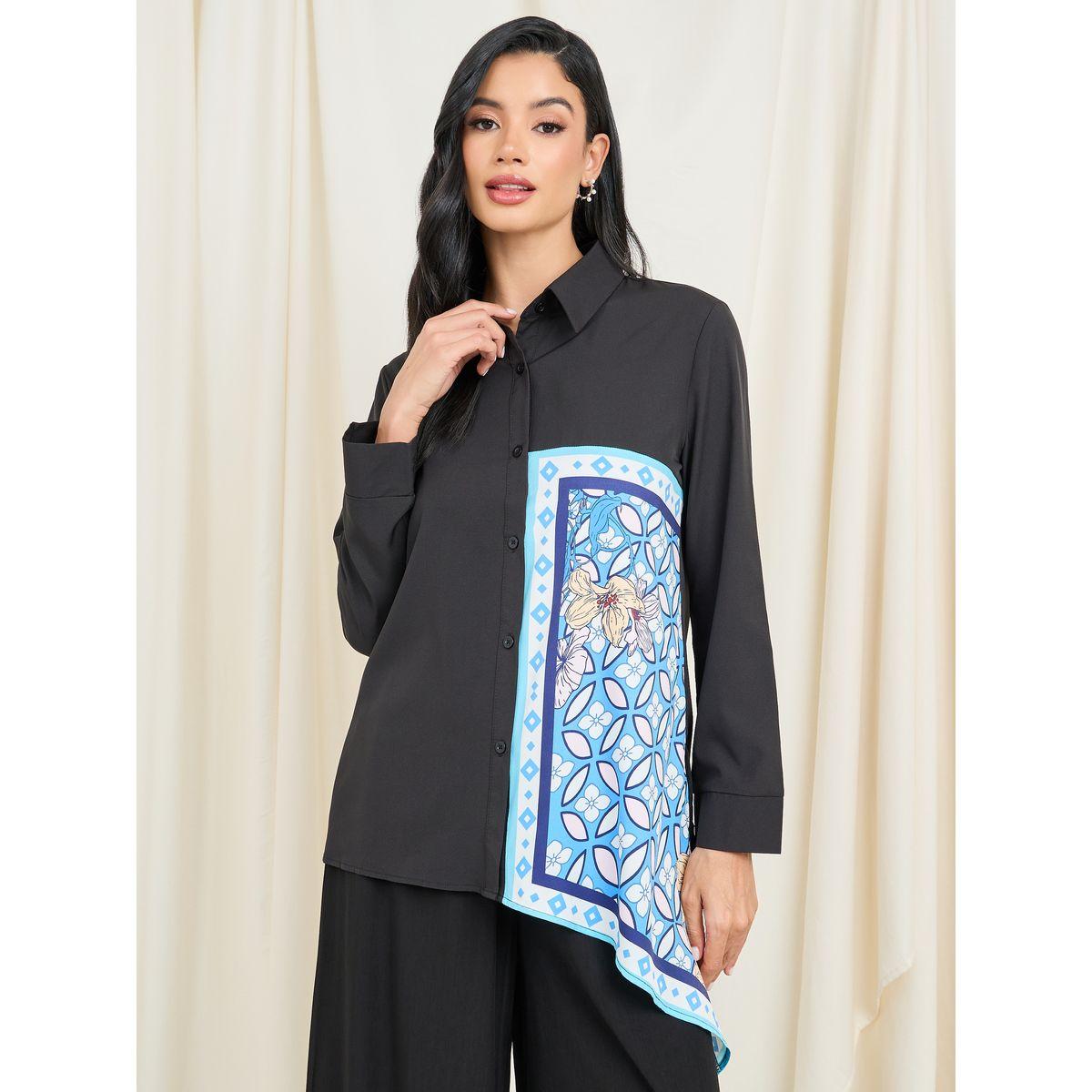 Styli Abstract Print Asymmetric Hem Shirt-women-clothing-shirtsandblouses-shirts-image-1