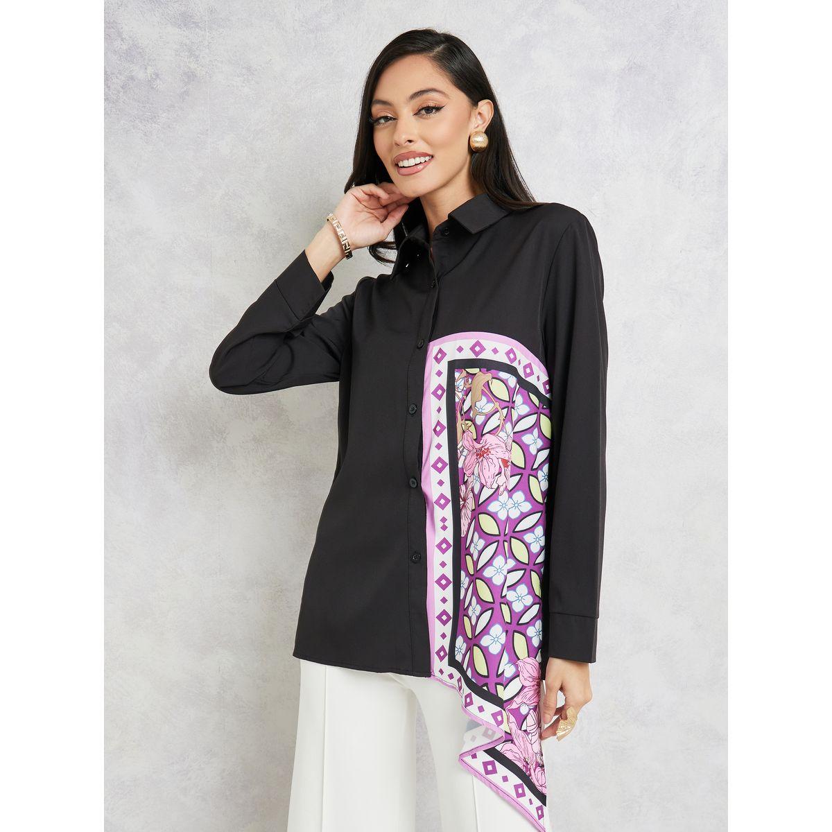 Styli Abstract Print Asymmetric Hem Shirt-women-clothing-shirtsandblouses-shirts-image-1