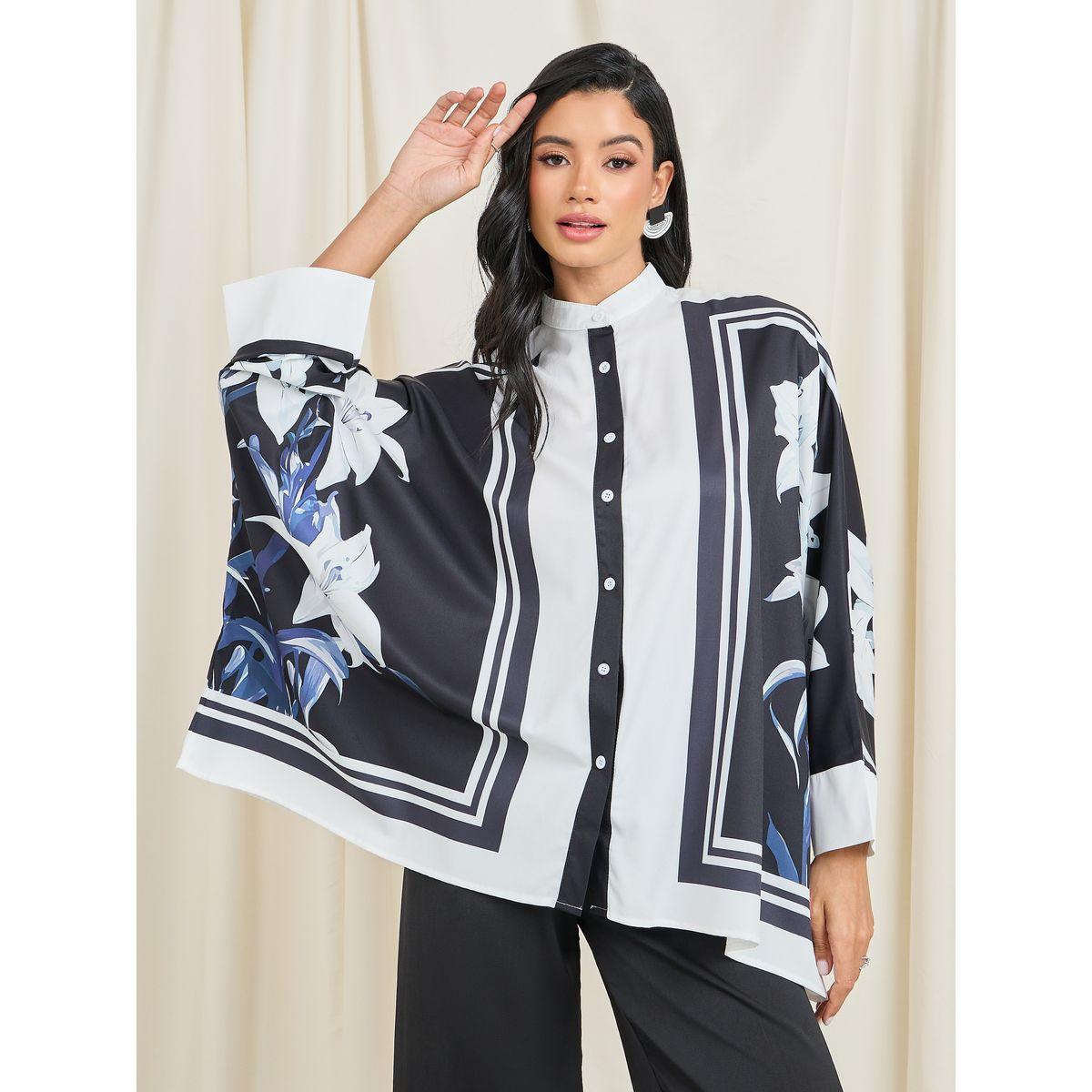 Styli Floral Print High Neck Button Closure Blouse with Batwing Sleeves-women-clothing-shirtsandblouses-blouses-image-1