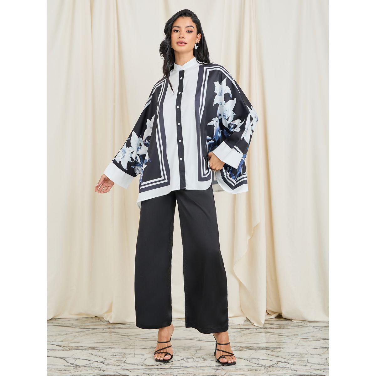 Styli Floral Print High Neck Button Closure Blouse with Batwing Sleeves-women-clothing-shirtsandblouses-blouses-image-2