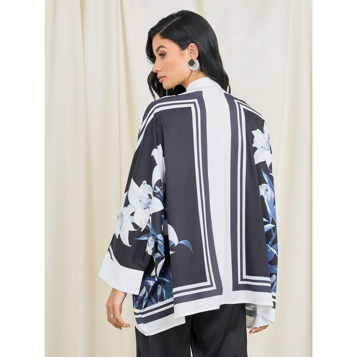 Styli Floral Print High Neck Button Closure Blouse with Batwing Sleeves-women-clothing-shirtsandblouses-blouses-image-4