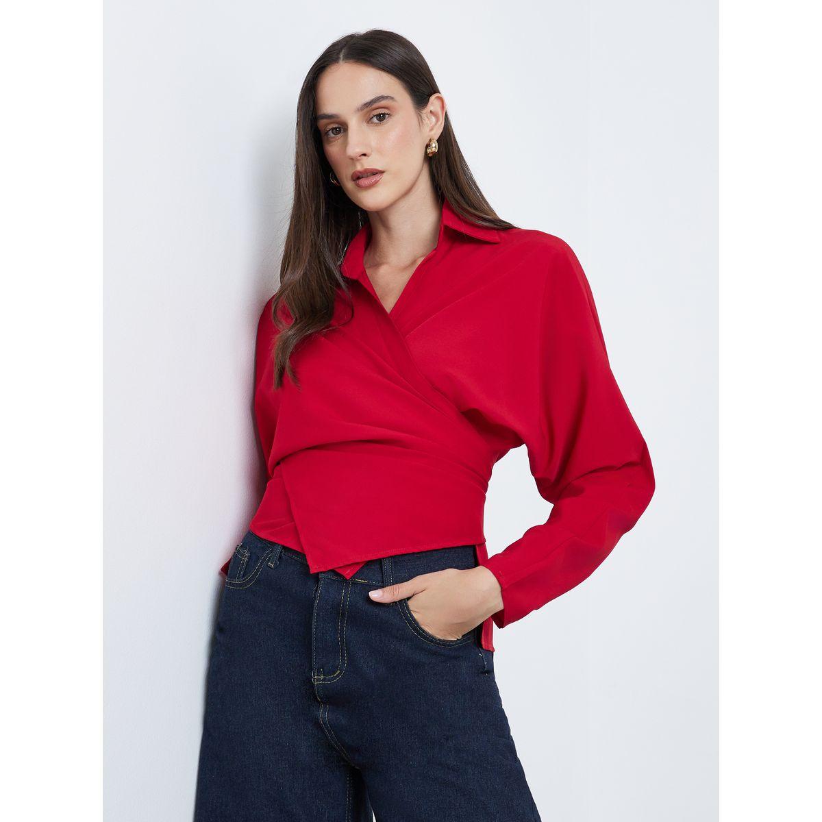 Styli Solid Collared Long Sleeve Wrap Top-women-clothing-shirtsandblouses-blouses-image-1