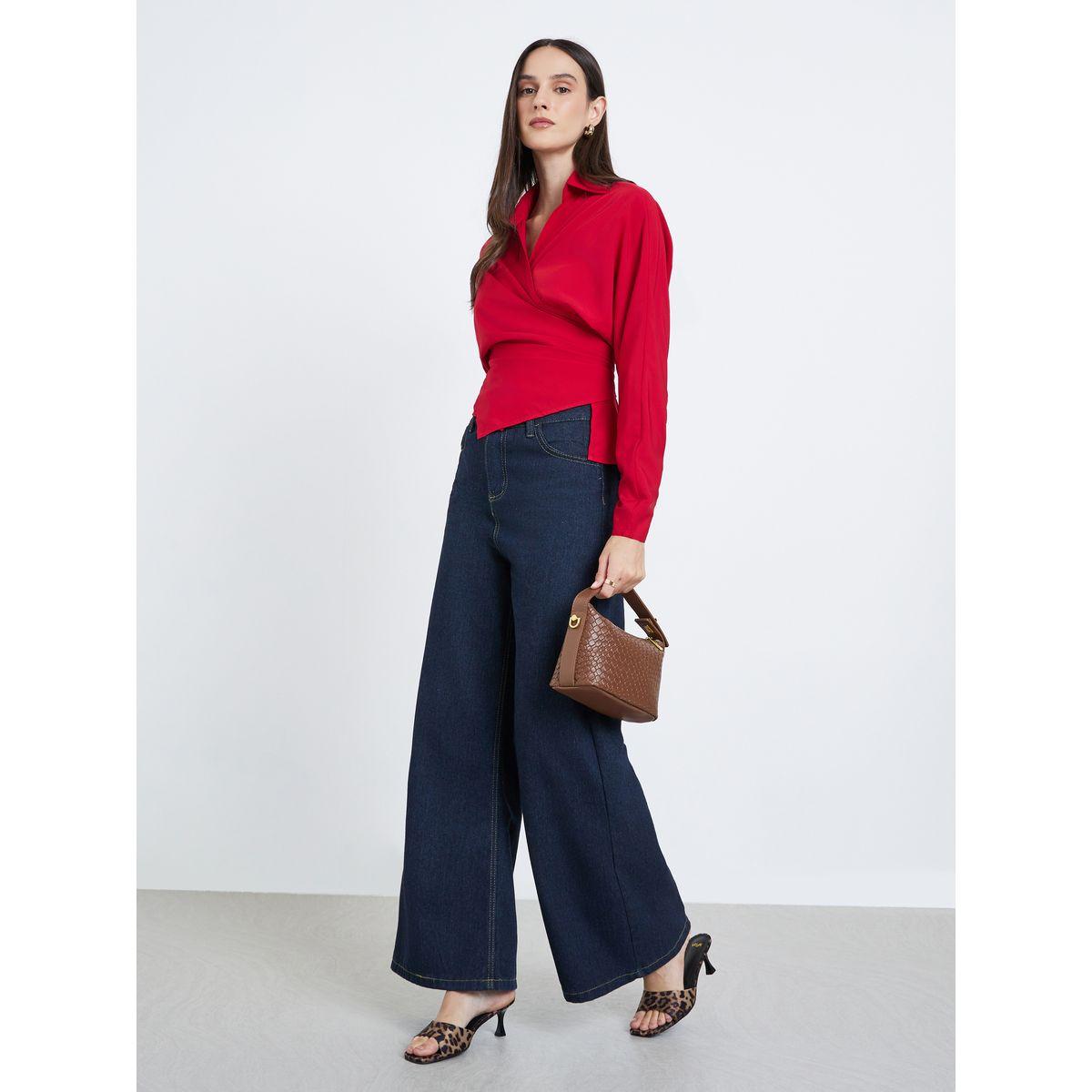 Styli Solid Collared Long Sleeve Wrap Top-women-clothing-shirtsandblouses-blouses-image-2
