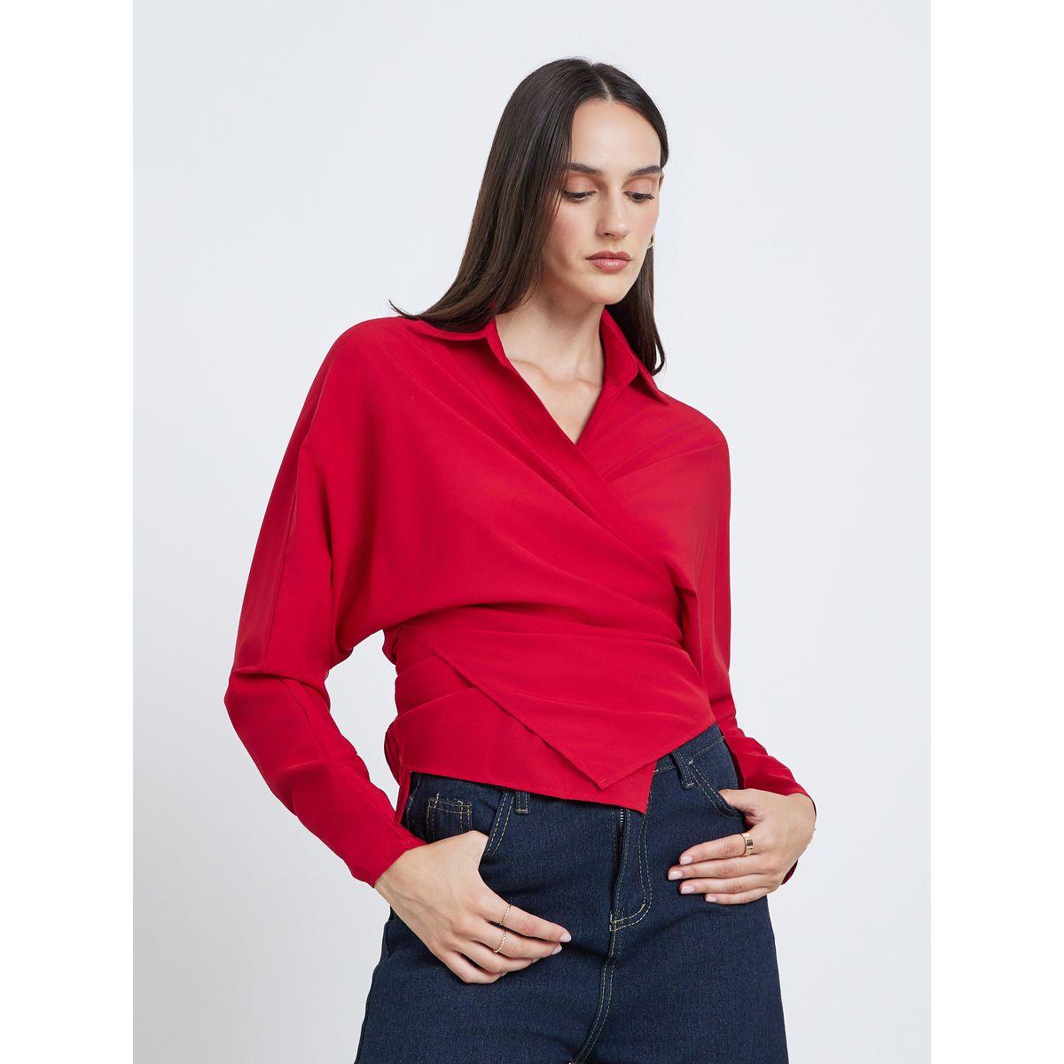 Styli Solid Collared Long Sleeve Wrap Top-women-clothing-shirtsandblouses-blouses-image-3