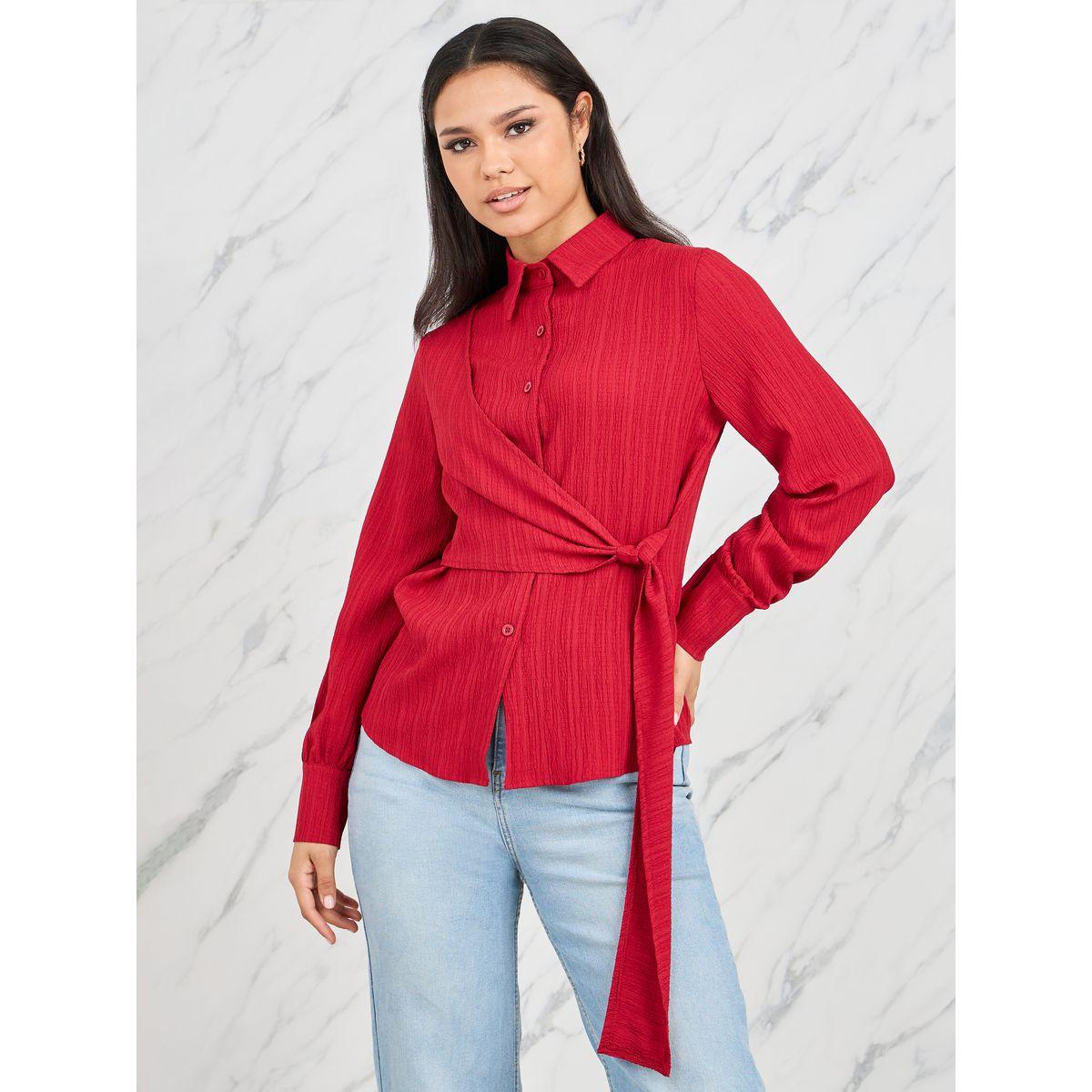 Styli Wrap Front Style Textured Long Sleeve Shirt-women-clothing-shirtsandblouses-shirts-image-1
