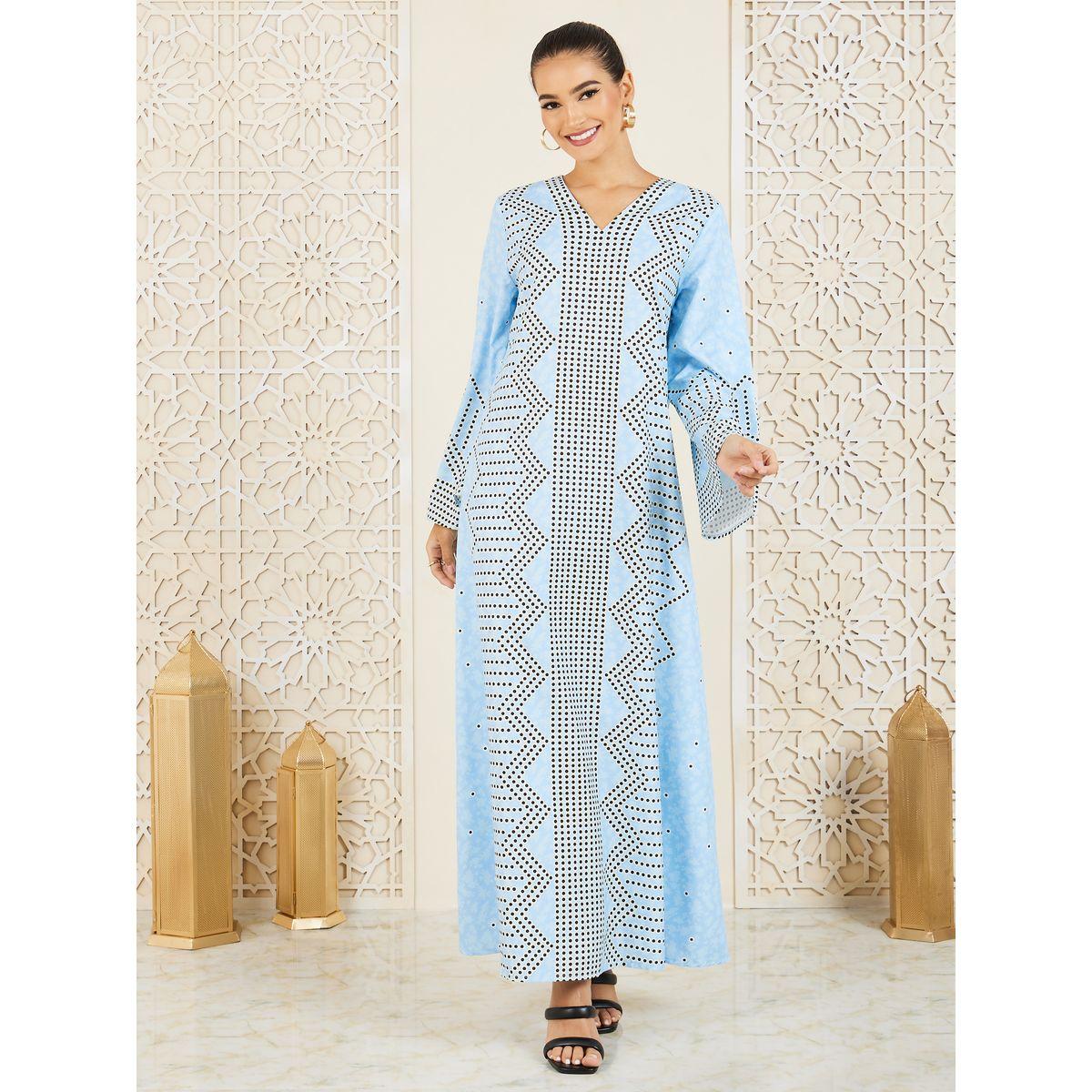 Styli Placement Spot All Over Print Jalabiya-women-arabicclothing-jalabiyas-image-1