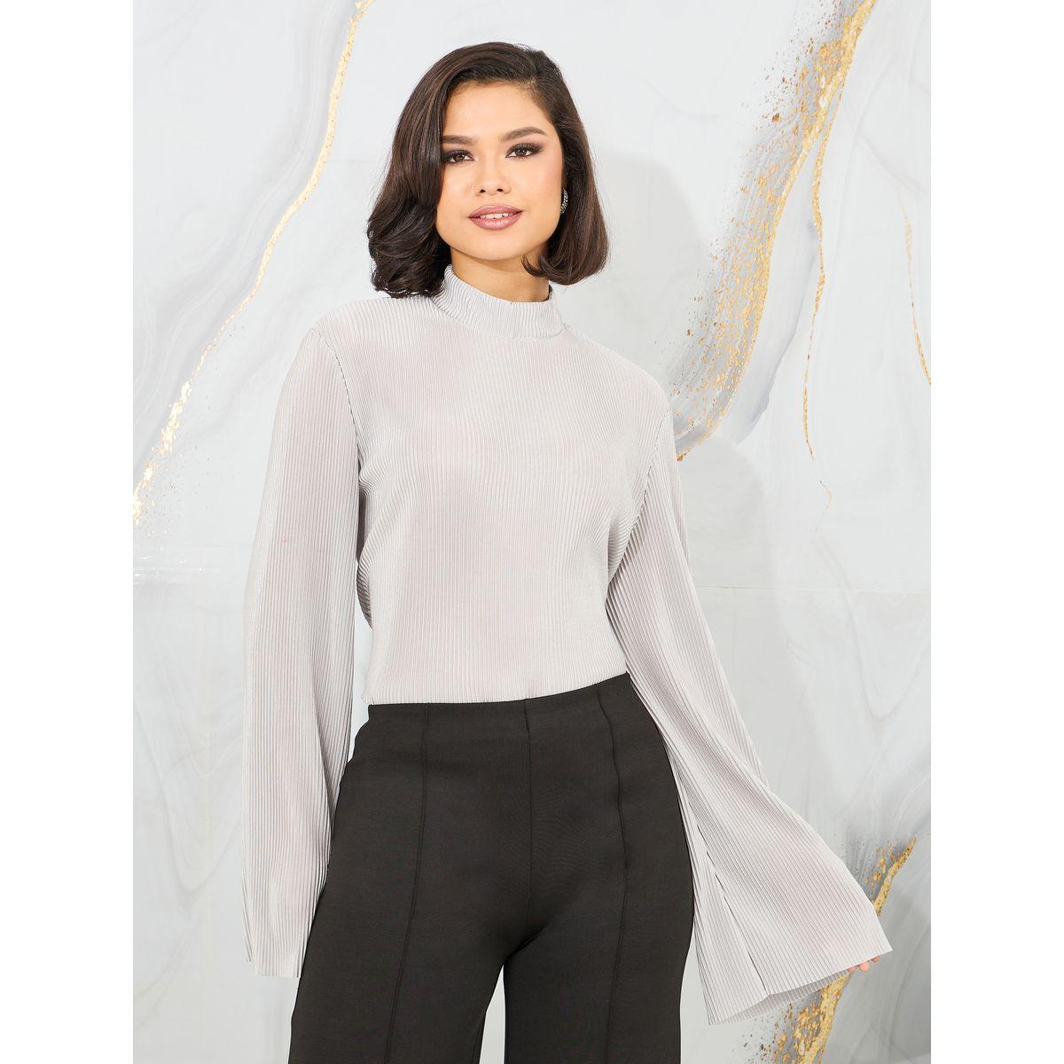 بلوزة بليسيه بياقة عالية واكمام فلوت-women-clothing-shirtsandblouses-blouses-image-1