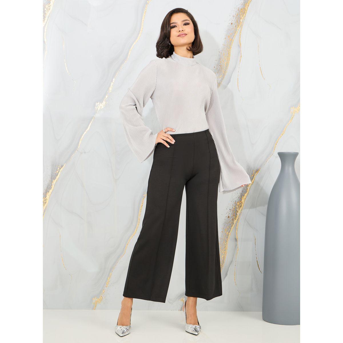 بلوزة بليسيه بياقة عالية واكمام فلوت-women-clothing-shirtsandblouses-blouses-image-3