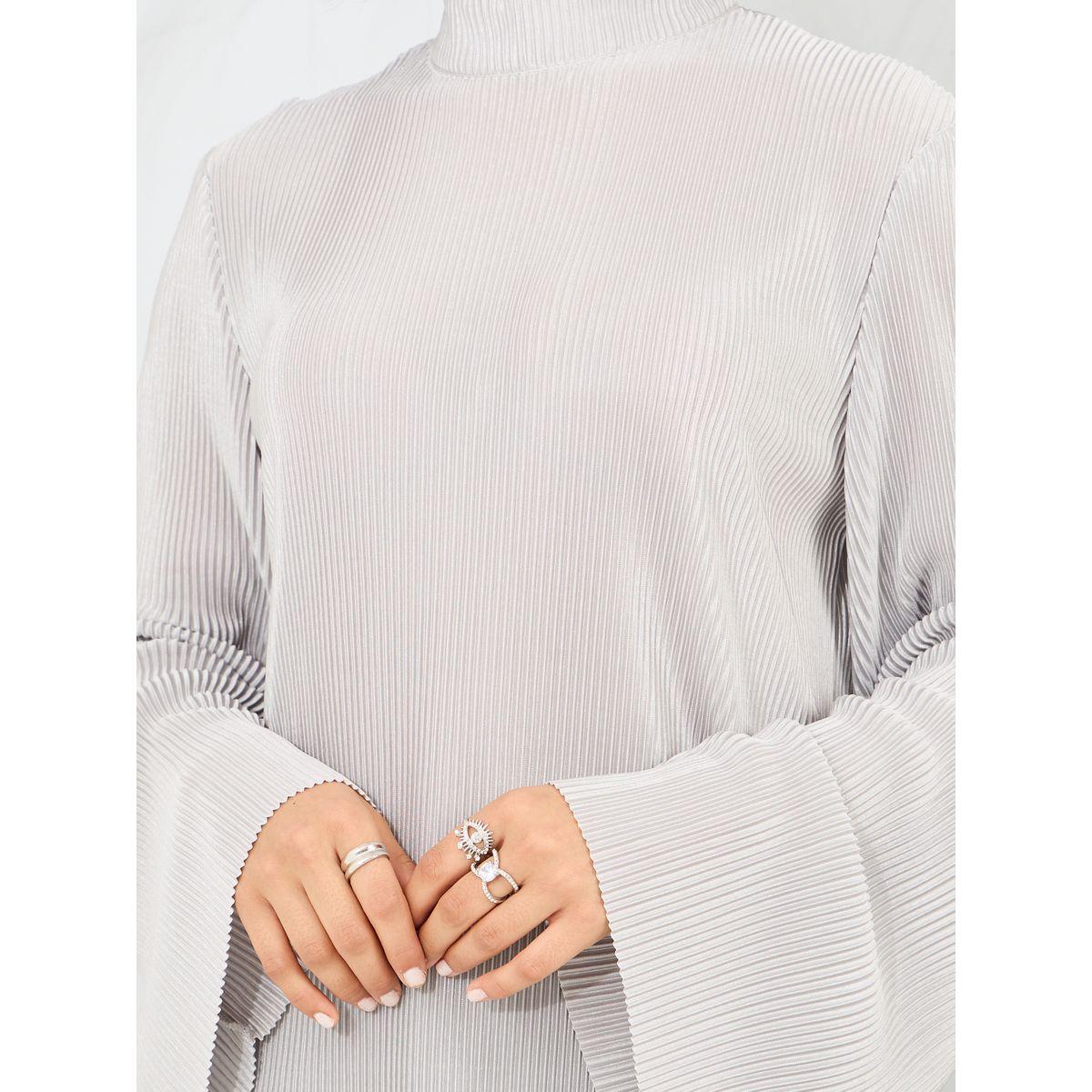 بلوزة بليسيه بياقة عالية واكمام فلوت-women-clothing-shirtsandblouses-blouses-image-4