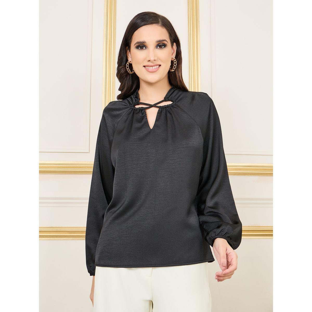 بلوزة مزينة بتفاصيل ملفوفة وياقة بشق-women-clothing-shirtsandblouses-blouses-image-3