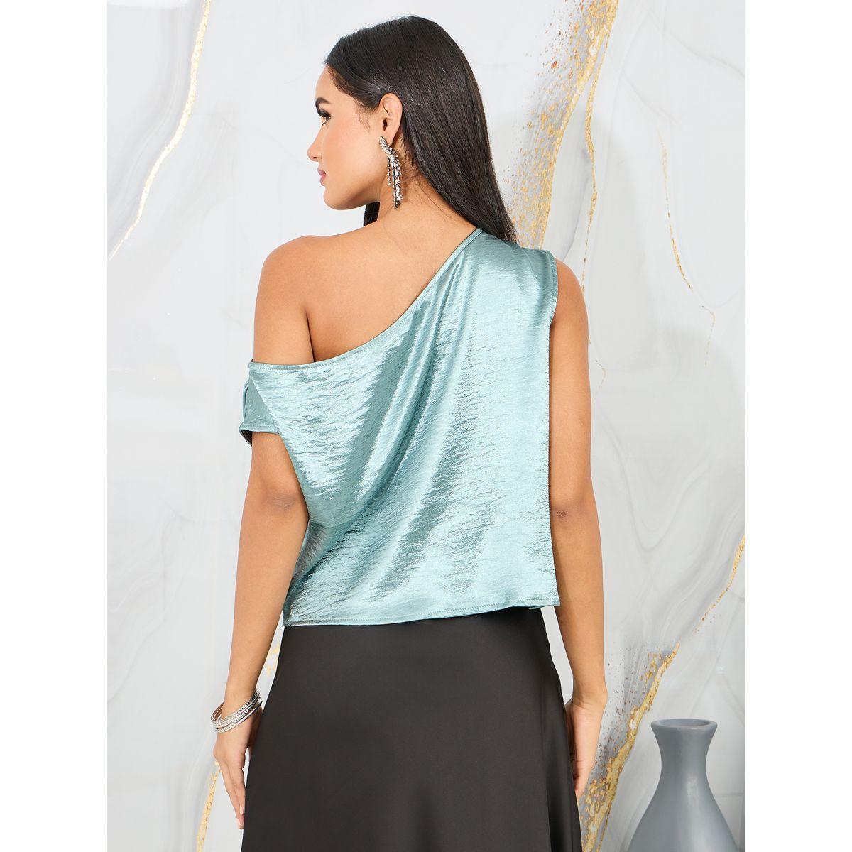 Styli Satin Asymmetric Neck Sleeveless Pleated Blouse-women-clothing-shirtsandblouses-blouses-image-5