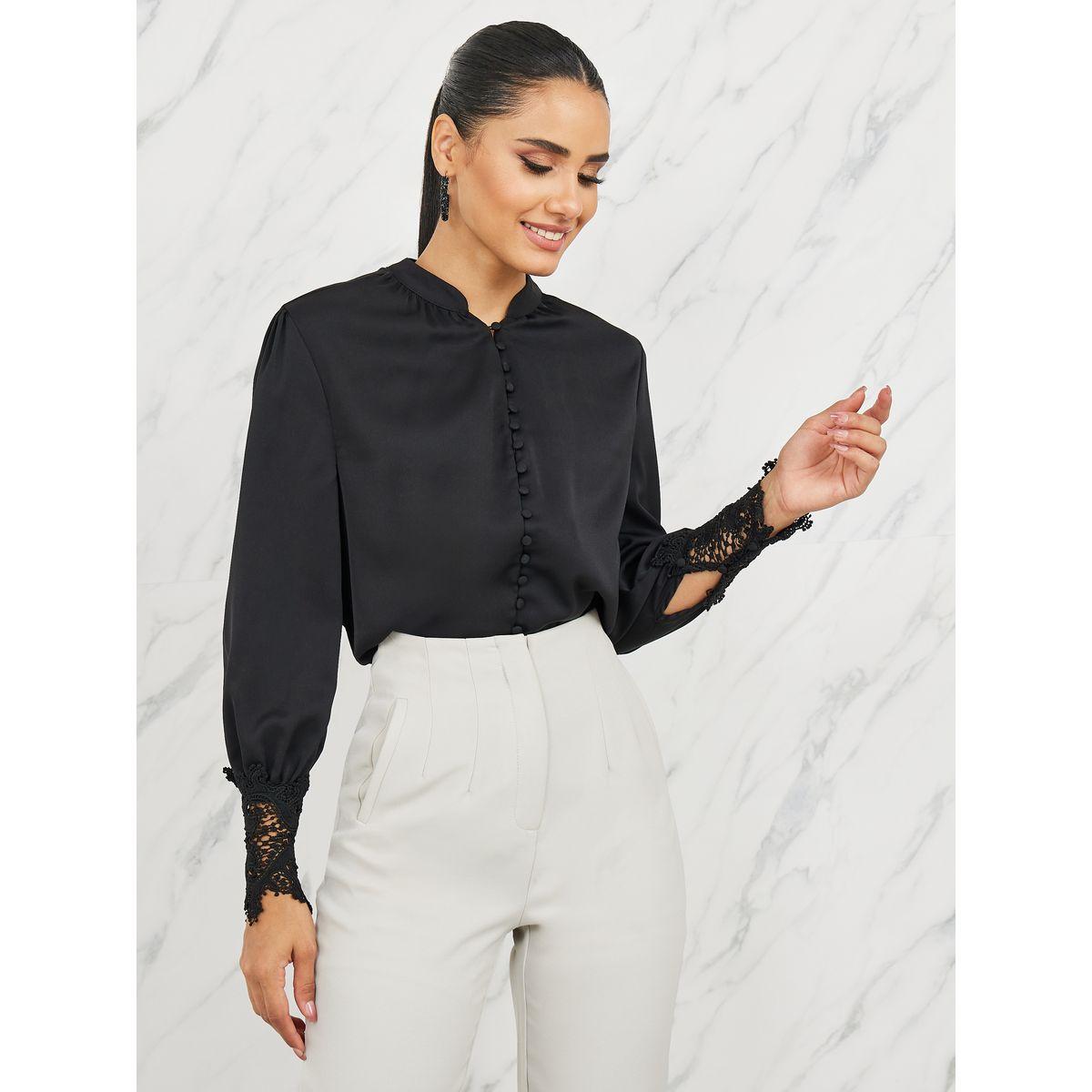 Styli Lace Cuff Sleeves Button Loop Closure Blouse-women-clothing-shirtsandblouses-blouses-image-1