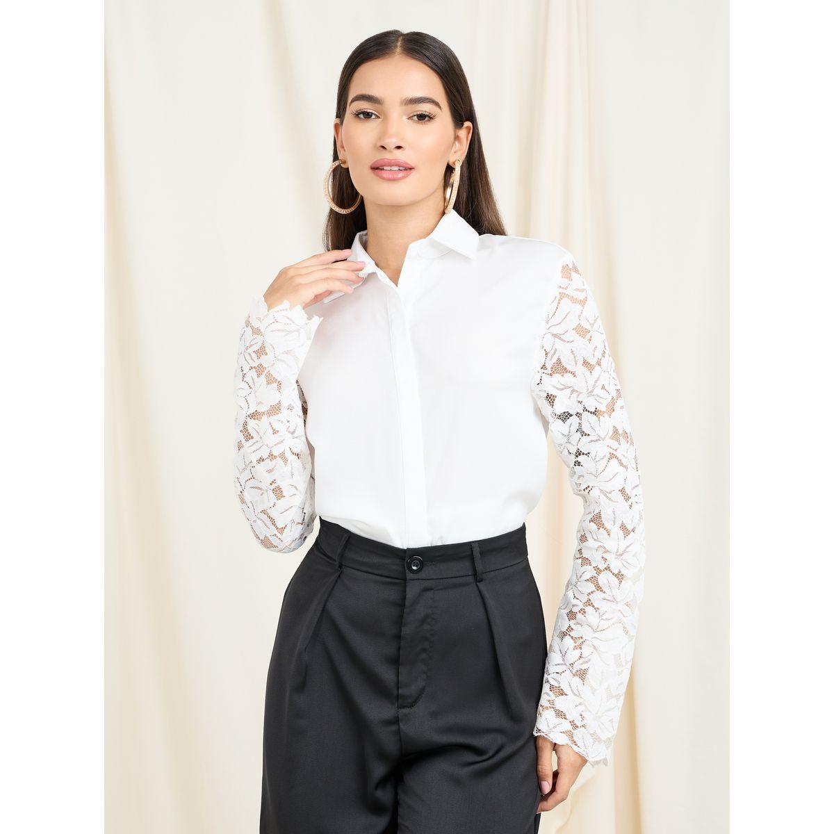 Styli Floral Lace Sleeves Concealed Placket Shirt-women-clothing-shirtsandblouses-shirts-image-1