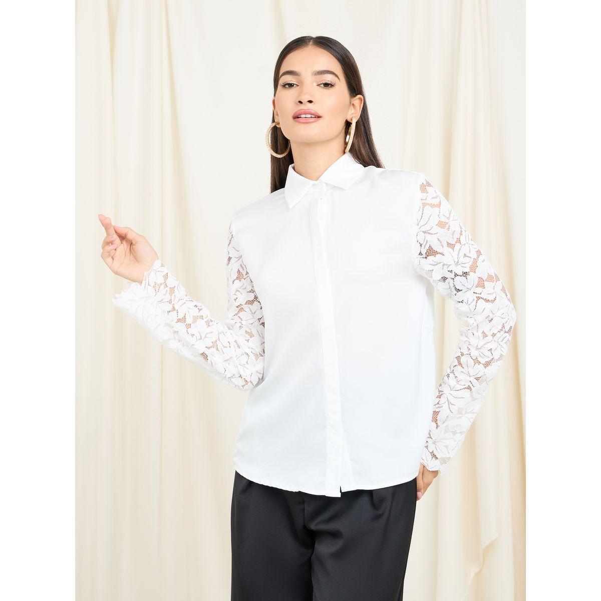 Styli Floral Lace Sleeves Concealed Placket Shirt-women-clothing-shirtsandblouses-shirts-image-2