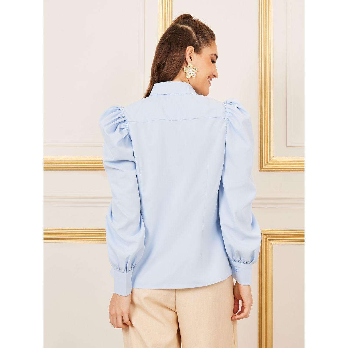 Styli Solid Button Through Puff Sleeve Shirt-women-clothing-shirtsandblouses-shirts-image-5