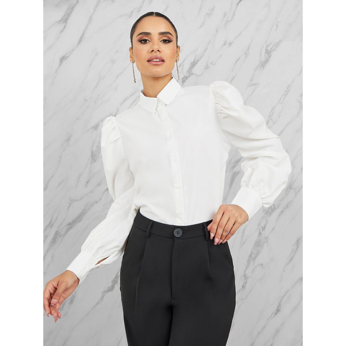 Styli Solid Button Through Puff Sleeve Shirt-women-clothing-shirtsandblouses-shirts-image-1