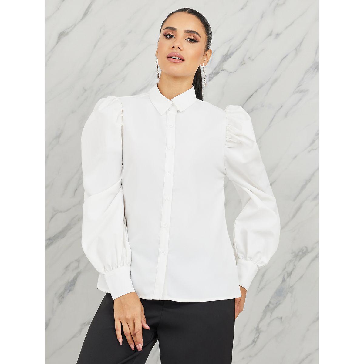 Styli Solid Button Through Puff Sleeve Shirt-women-clothing-shirtsandblouses-shirts-image-3