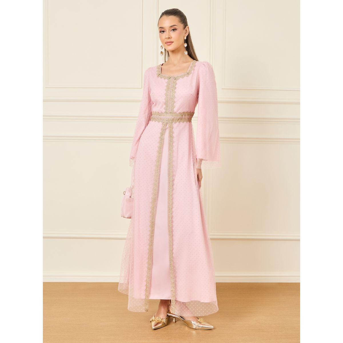 Styli Lace Detail Swiss Dot Mesh Layer Jalabiya-women-arabicclothing-kaftan-image-1