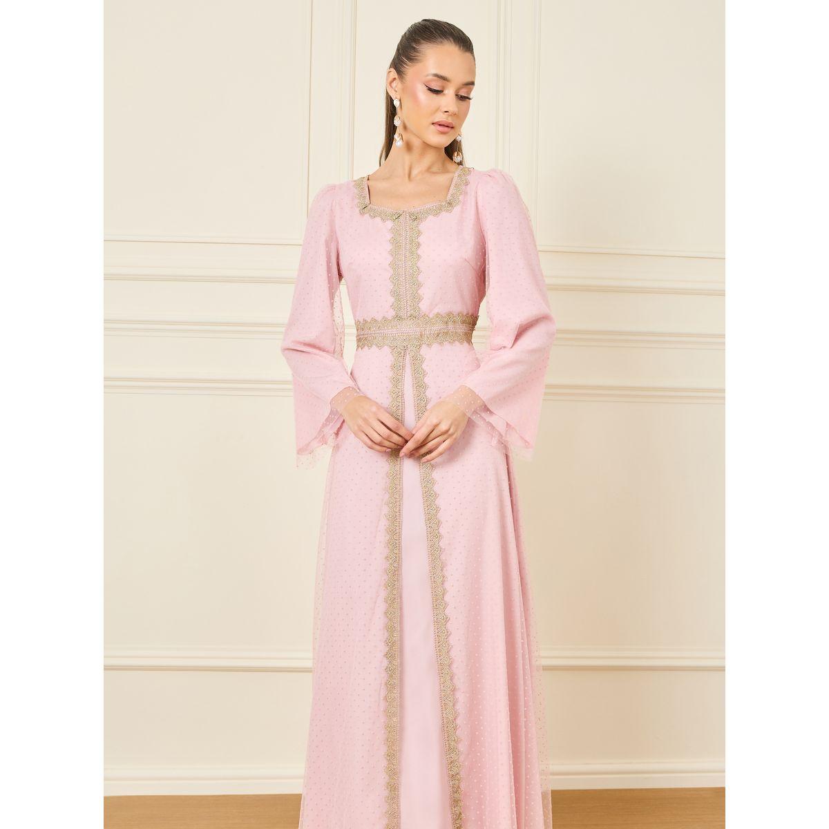 Styli Lace Detail Swiss Dot Mesh Layer Jalabiya-women-arabicclothing-kaftan-image-2