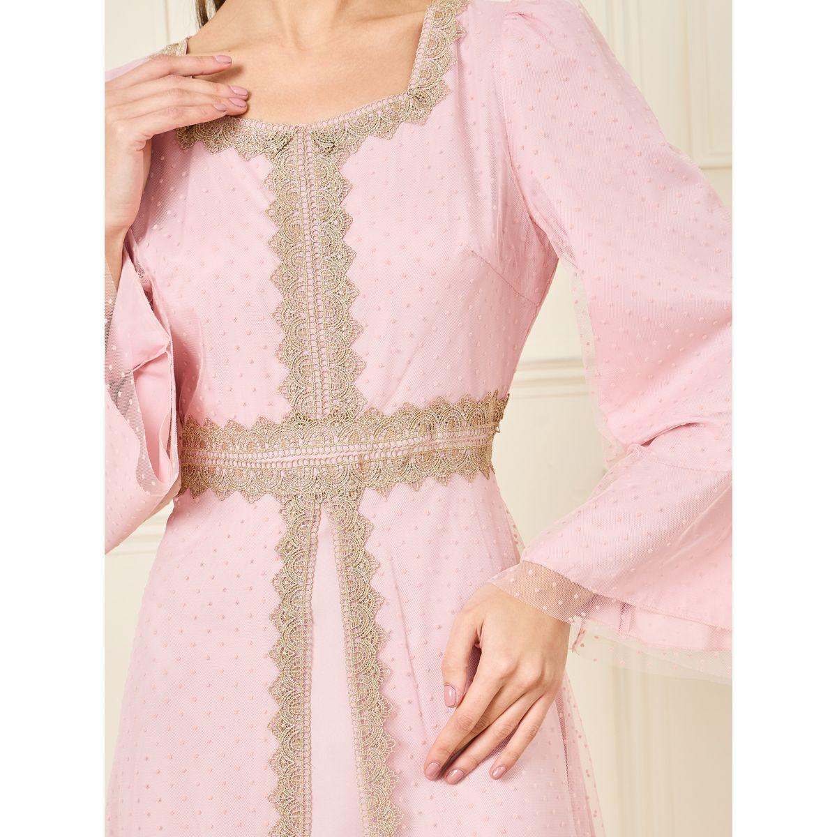 Styli Lace Detail Swiss Dot Mesh Layer Jalabiya-women-arabicclothing-kaftan-image-3