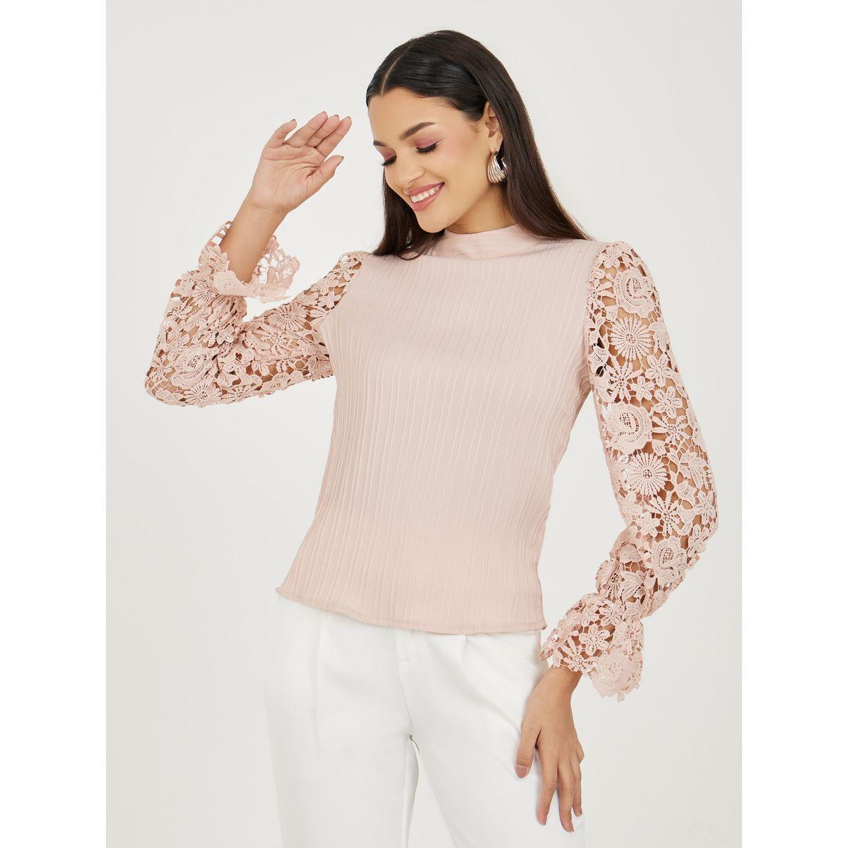 Styli Floral Lace Sleeves High Neck Blouse-women-clothing-shirtsandblouses-blouses-image-1
