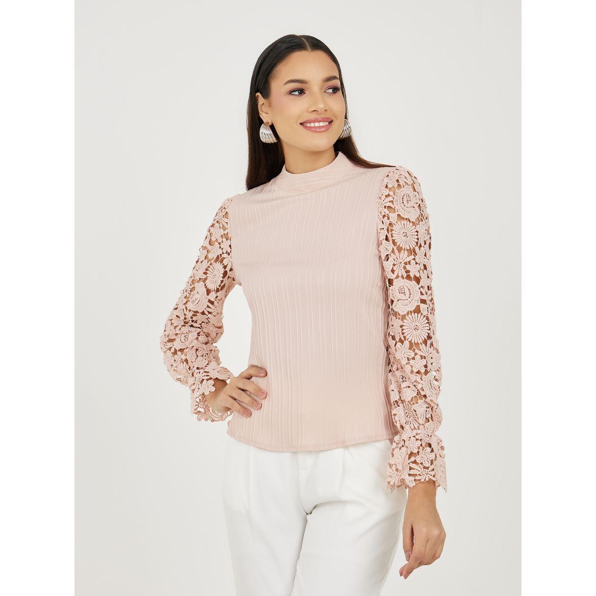 Styli Floral Lace Sleeves High Neck Blouse-women-clothing-shirtsandblouses-blouses-image-2