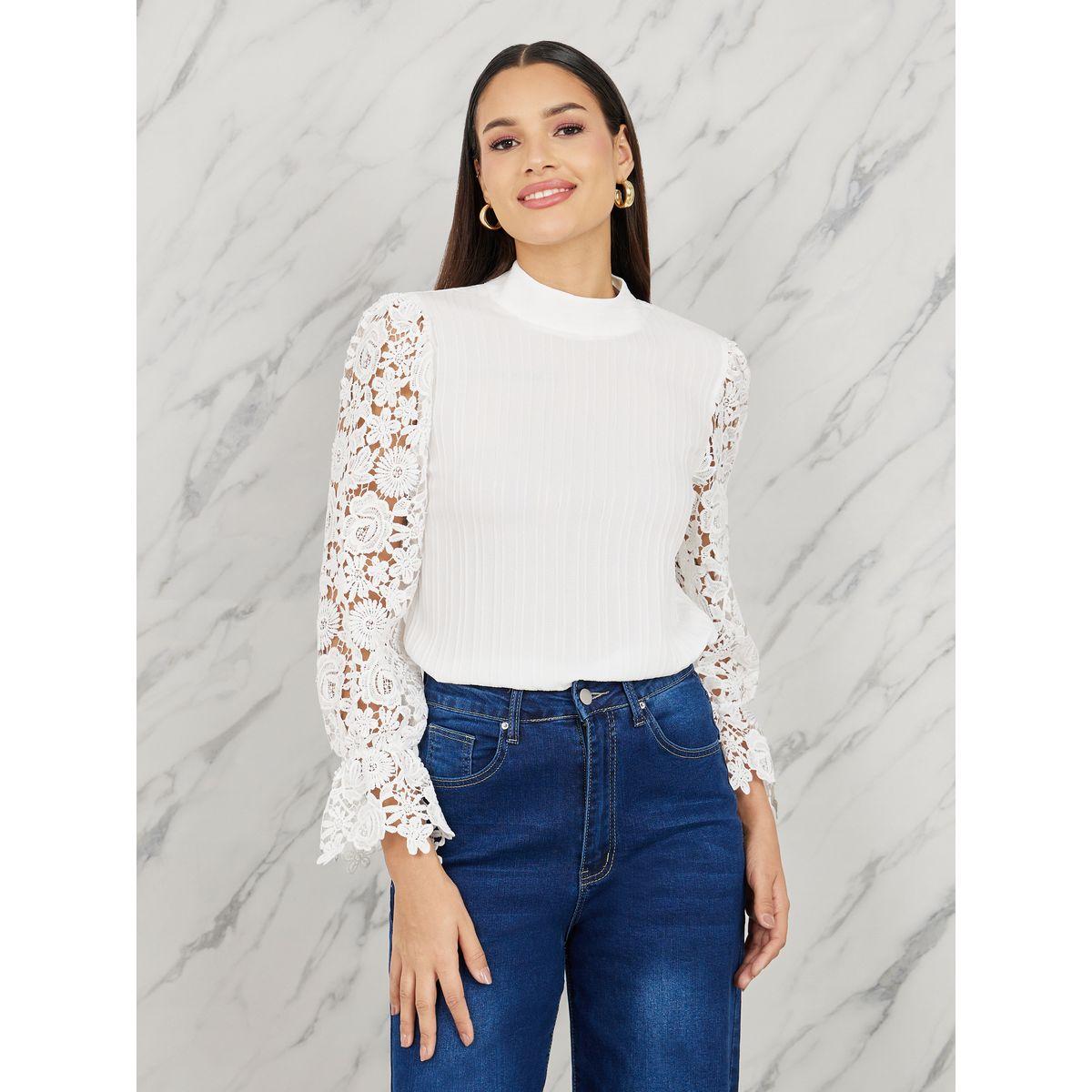 Styli Floral Lace Sleeves High Neck Blouse-women-clothing-shirtsandblouses-blouses-image-1