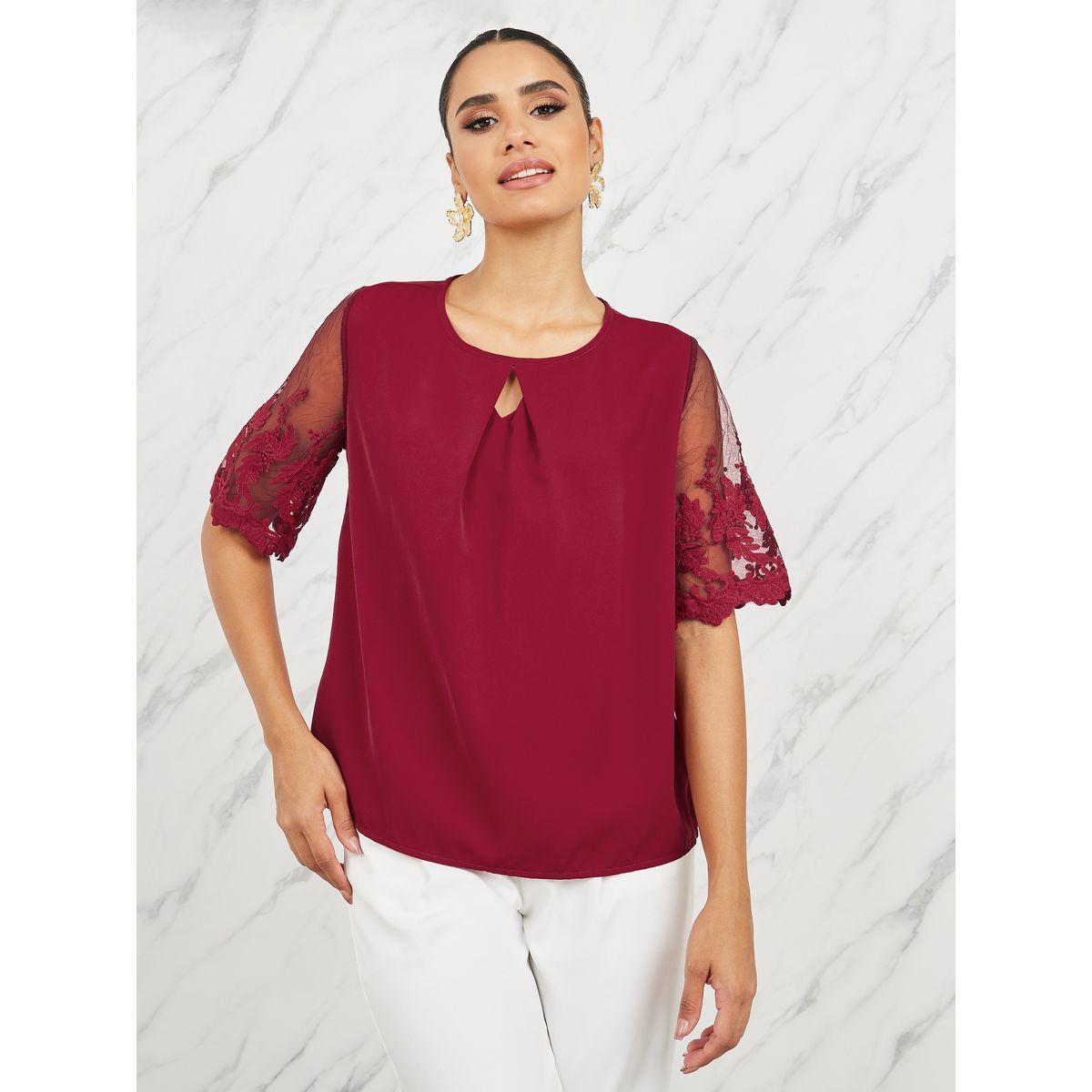 Styli Embroidered Mesh Sleeves Round Neck Blouse-women-clothing-shirtsandblouses-blouses-image-1