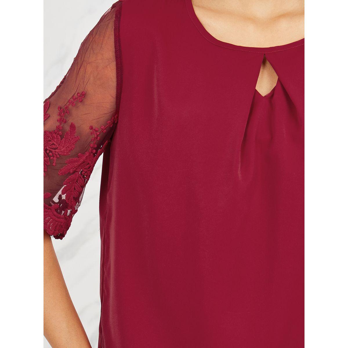 Styli Embroidered Mesh Sleeves Round Neck Blouse-women-clothing-shirtsandblouses-blouses-image-3