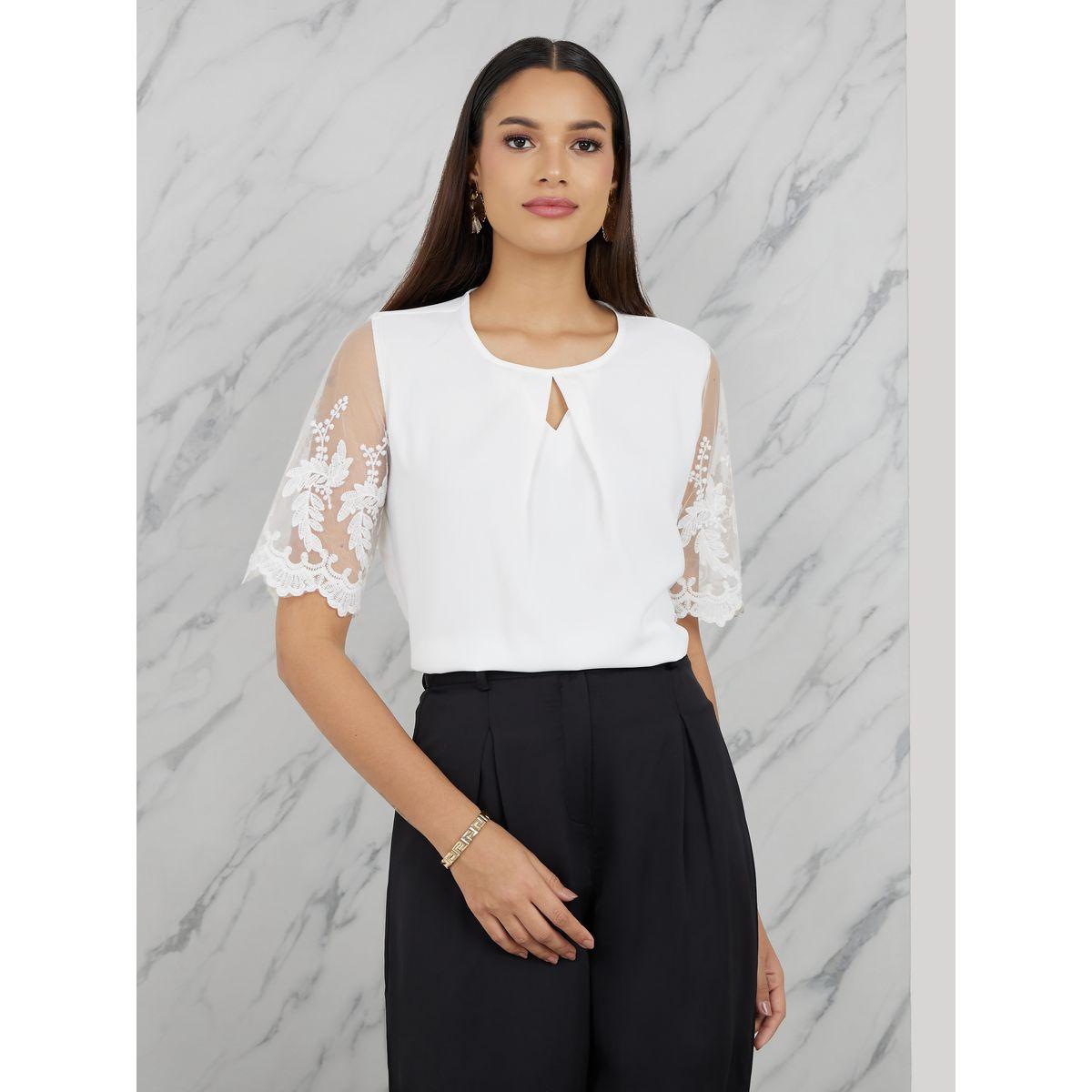 Styli Embroidered Mesh Sleeves Round Neck Blouse-women-clothing-shirtsandblouses-blouses-image-1