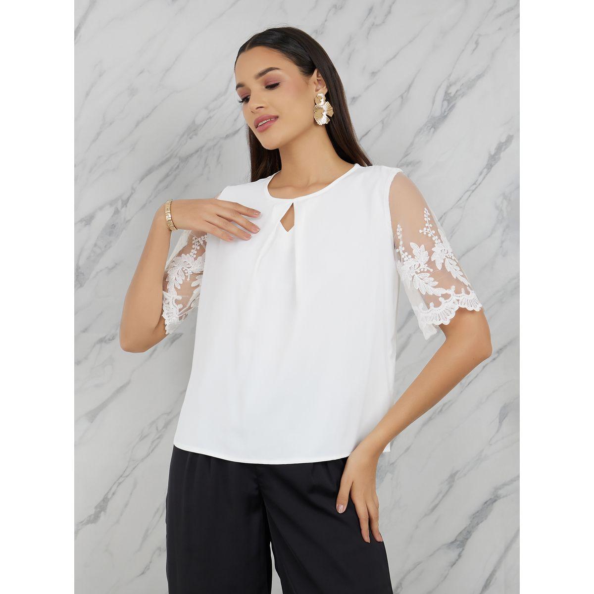 Styli Embroidered Mesh Sleeves Round Neck Blouse-women-clothing-shirtsandblouses-blouses-image-2