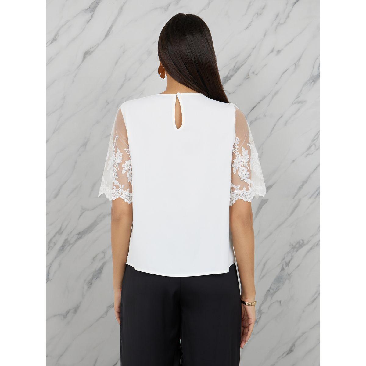 Styli Embroidered Mesh Sleeves Round Neck Blouse-women-clothing-shirtsandblouses-blouses-image-5