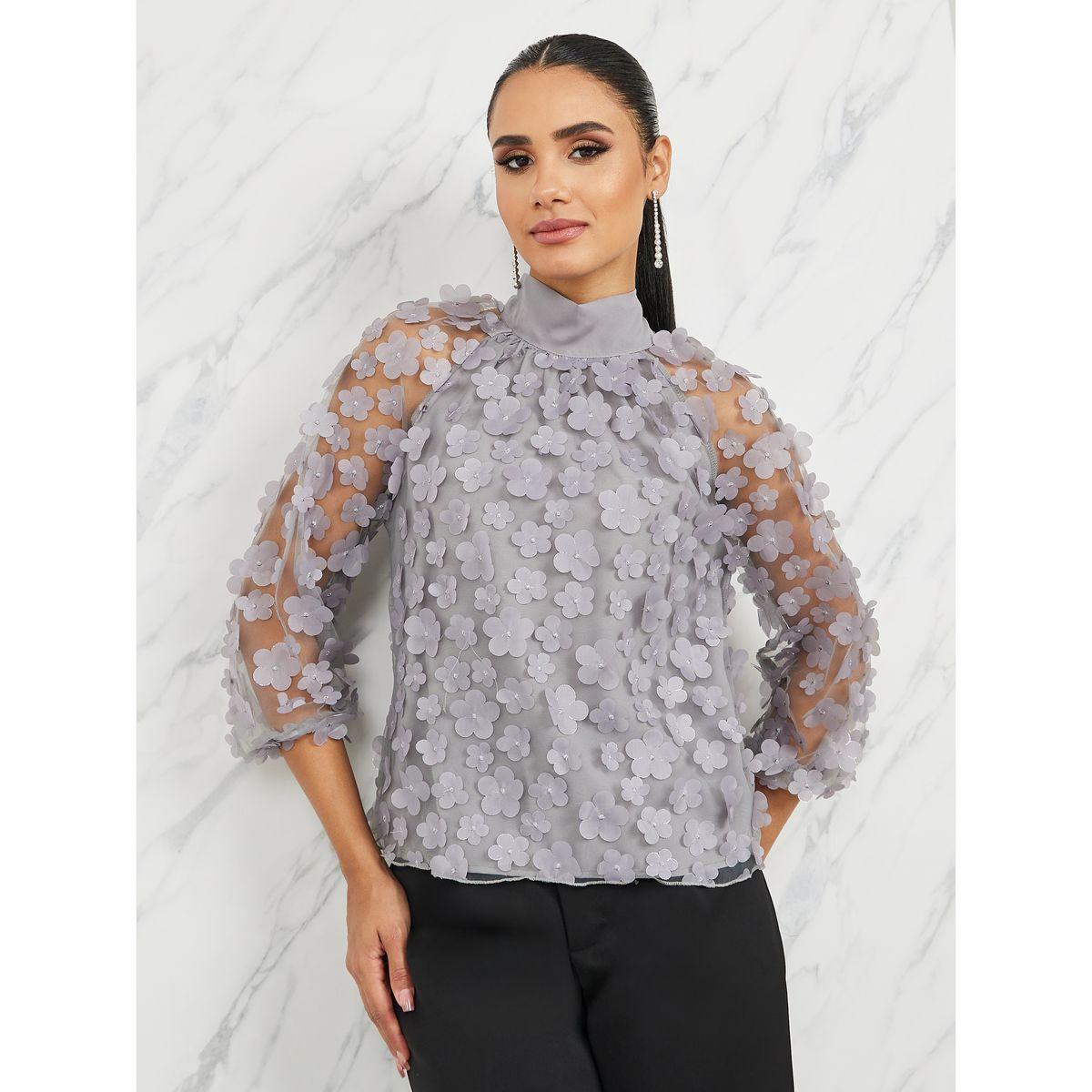 Styli Floral Applique Mesh Back Tie Up Blouse-women-clothing-shirtsandblouses-blouses-image-1