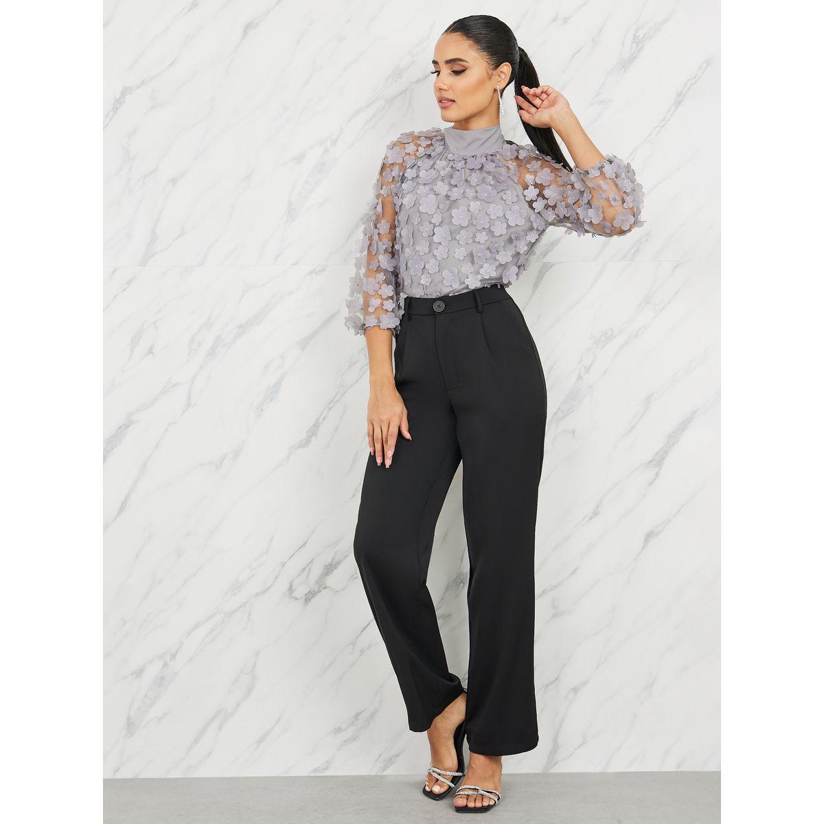 Styli Floral Applique Mesh Back Tie Up Blouse-women-clothing-shirtsandblouses-blouses-image-2