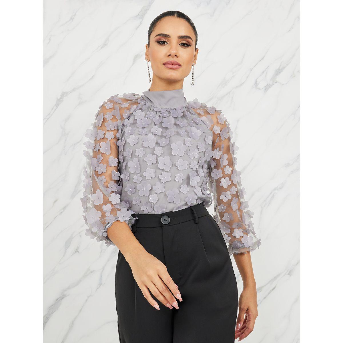 Styli Floral Applique Mesh Back Tie Up Blouse-women-clothing-shirtsandblouses-blouses-image-3