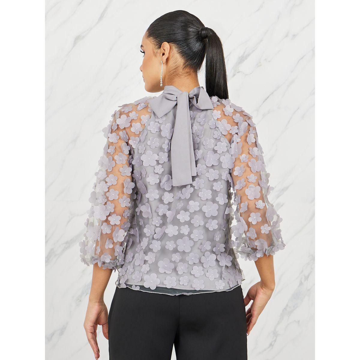 Styli Floral Applique Mesh Back Tie Up Blouse-women-clothing-shirtsandblouses-blouses-image-5