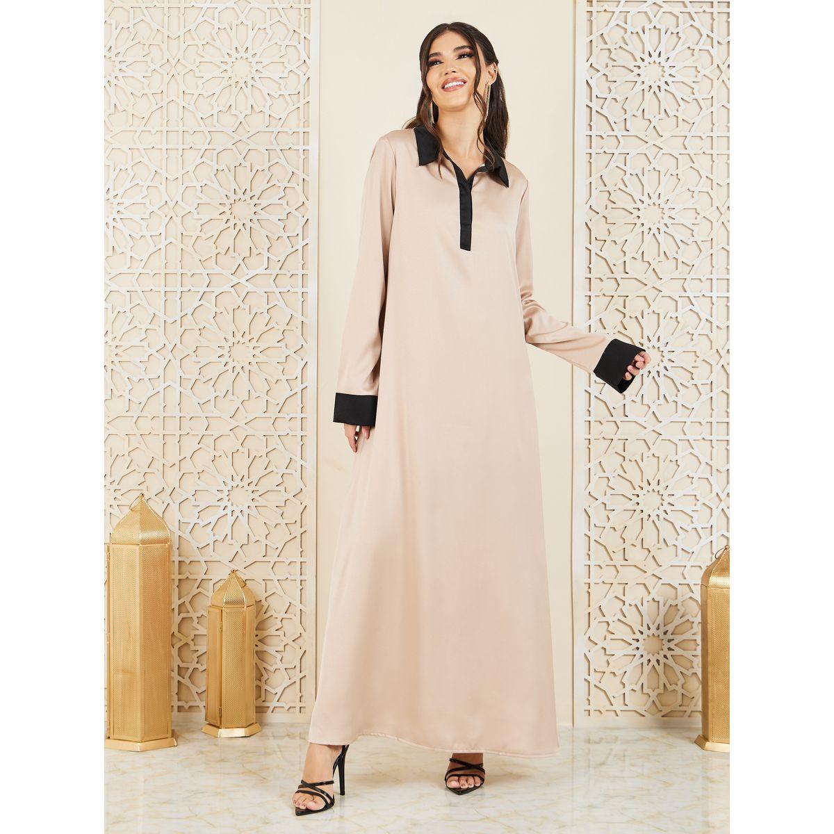 Styli Contrast Cuff Collared Satin Jalabiya-women-arabicclothing-jalabiyas-image-1