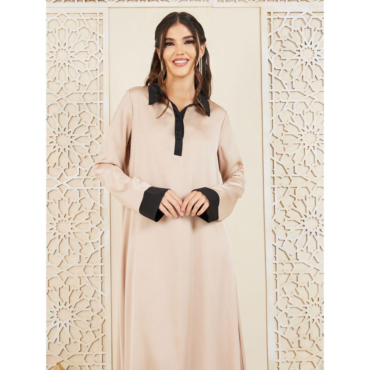 Styli Contrast Cuff Collared Satin Jalabiya-women-arabicclothing-jalabiyas-image-2