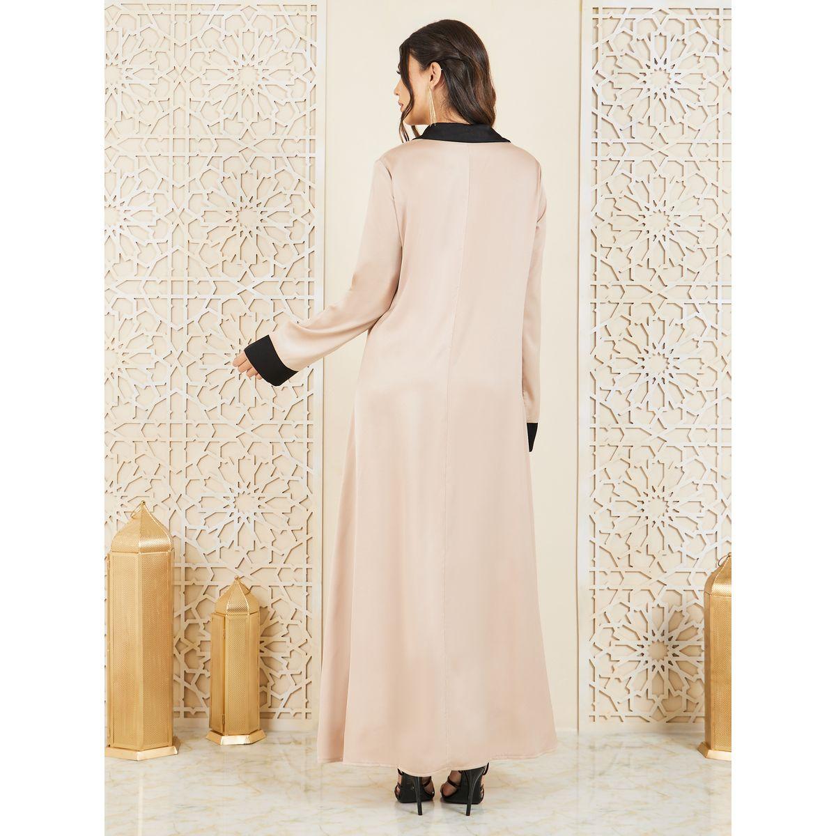 Styli Contrast Cuff Collared Satin Jalabiya-women-arabicclothing-jalabiyas-image-4