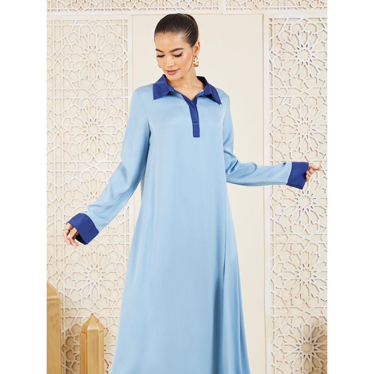 Styli Contrast Cuff Collared Satin Jalabiya-women-arabicclothing-jalabiyas-image-2