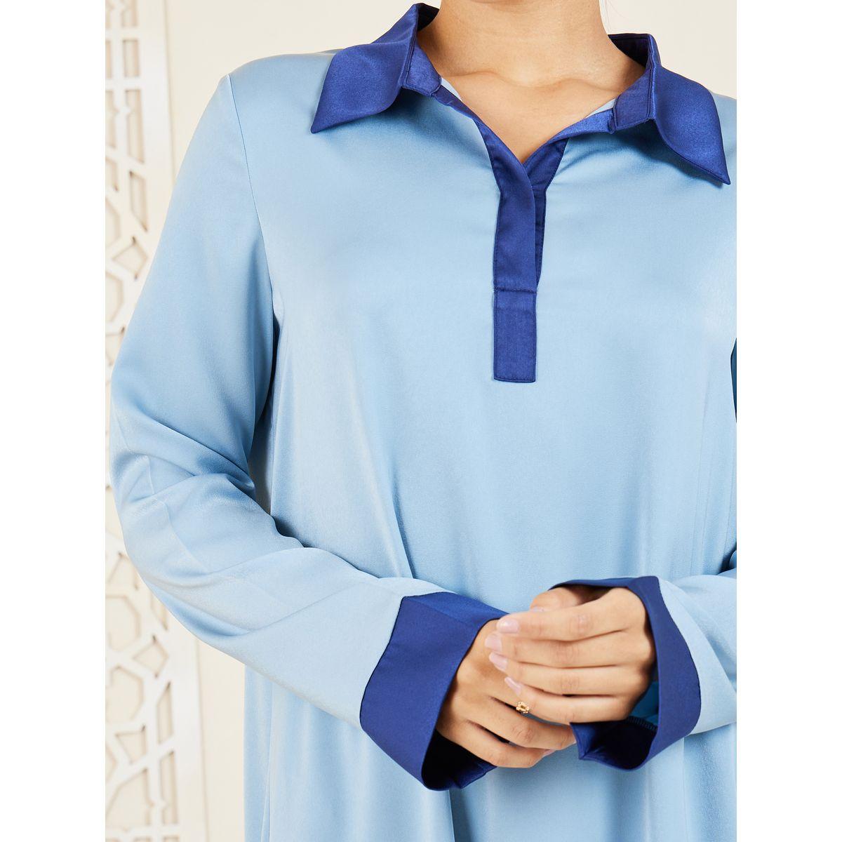 Styli Contrast Cuff Collared Satin Jalabiya-women-arabicclothing-jalabiyas-image-3