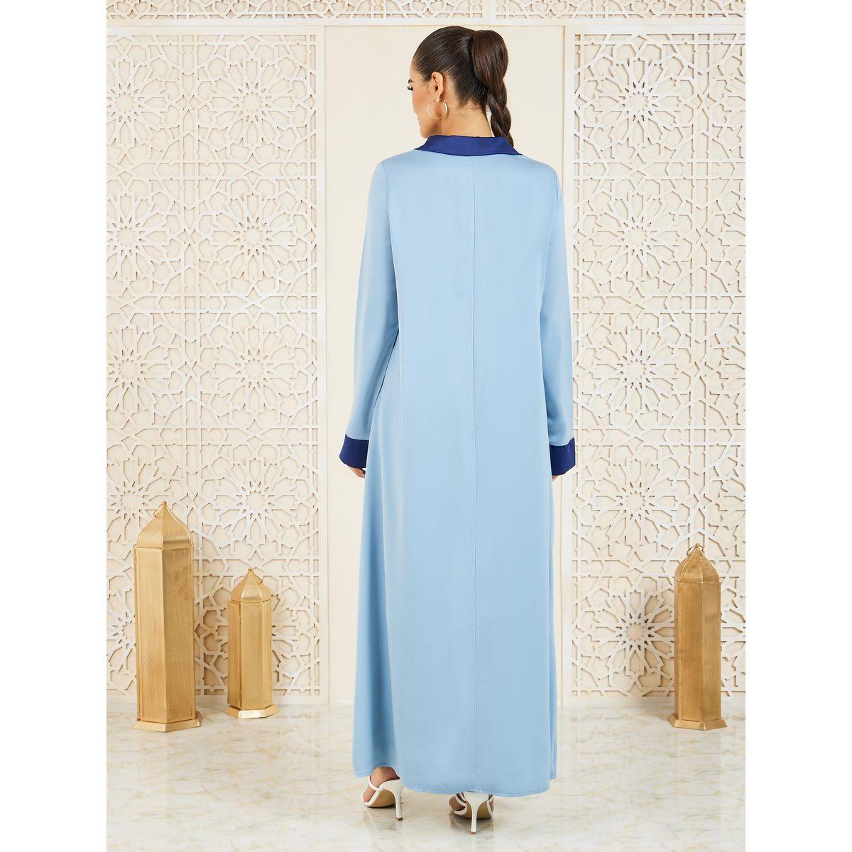 Styli Contrast Cuff Collared Satin Jalabiya-women-arabicclothing-jalabiyas-image-4