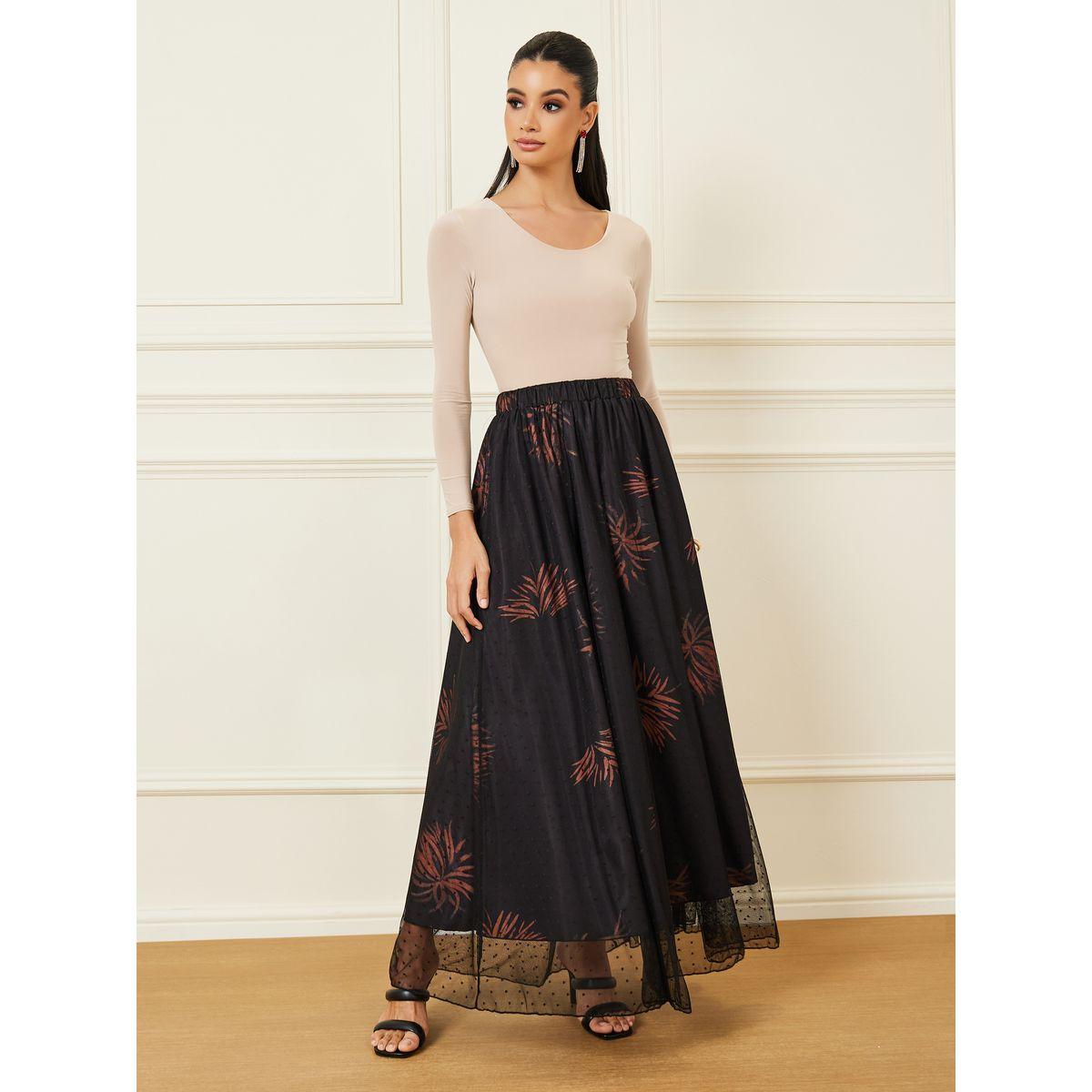 تنورة طويلة بحافة واسعة وتفاصيل شبكية-women-clothing-bottoms-skirts-image-4