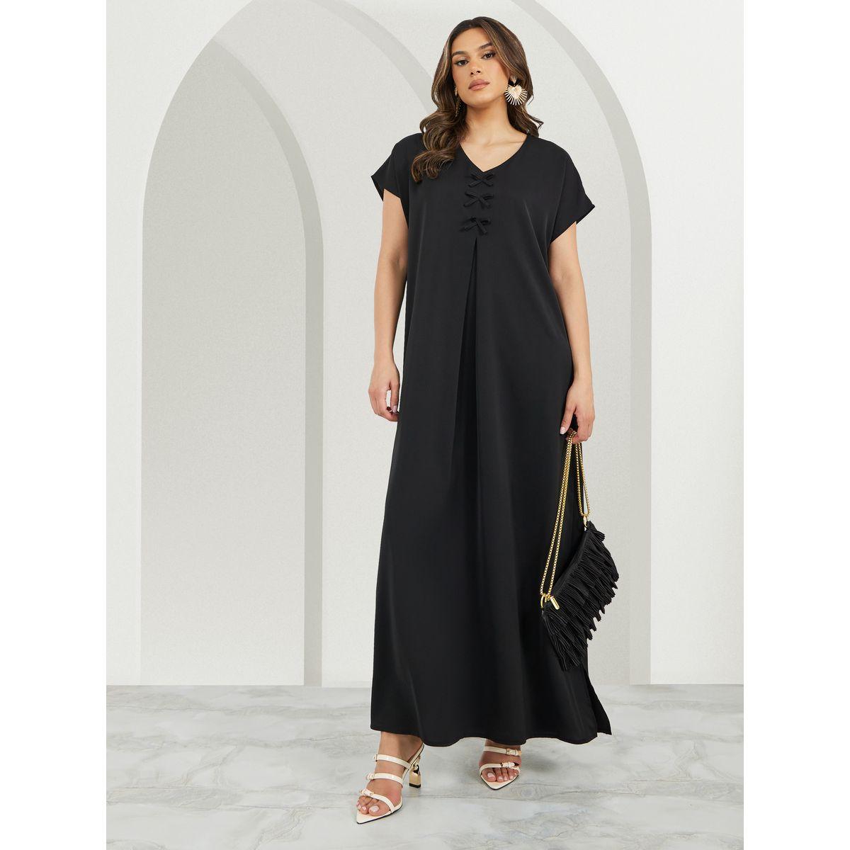 Styli Solid V Neck Jalabyia with Bow Detail-women-arabicclothing-jalabiyas-image-1