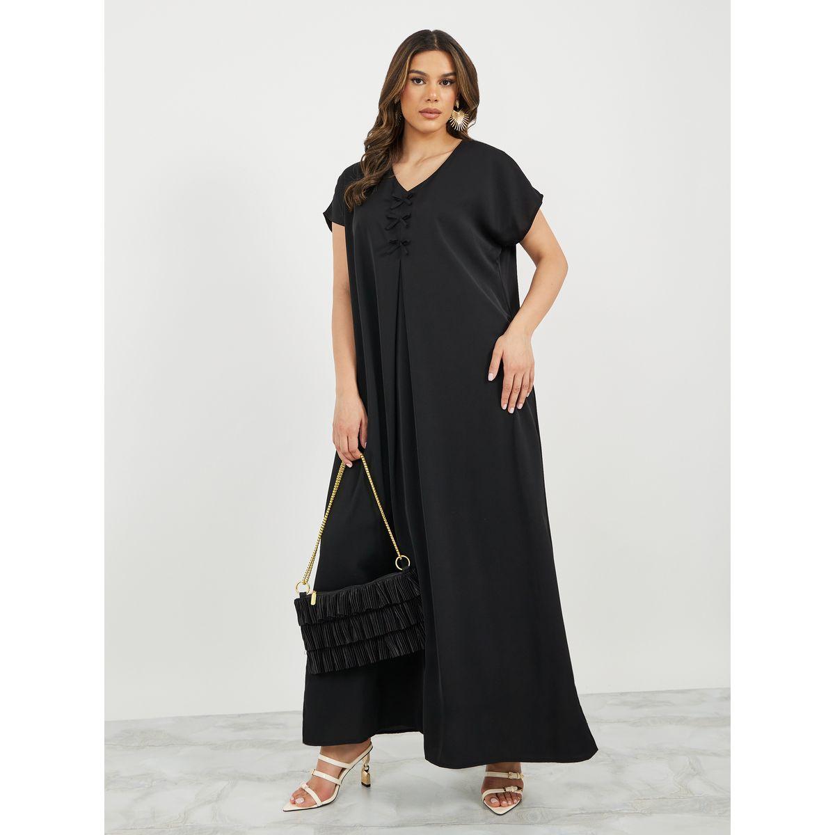 Styli Solid V Neck Jalabyia with Bow Detail-women-arabicclothing-jalabiyas-image-2